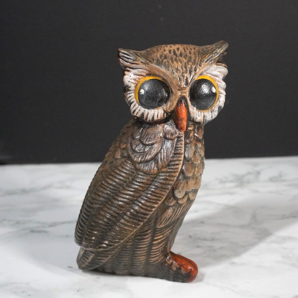 Vintage Ceramic Owl Figurine Hand Painted Brown‎ Orange Wide Eye Retro 5.5 Inch